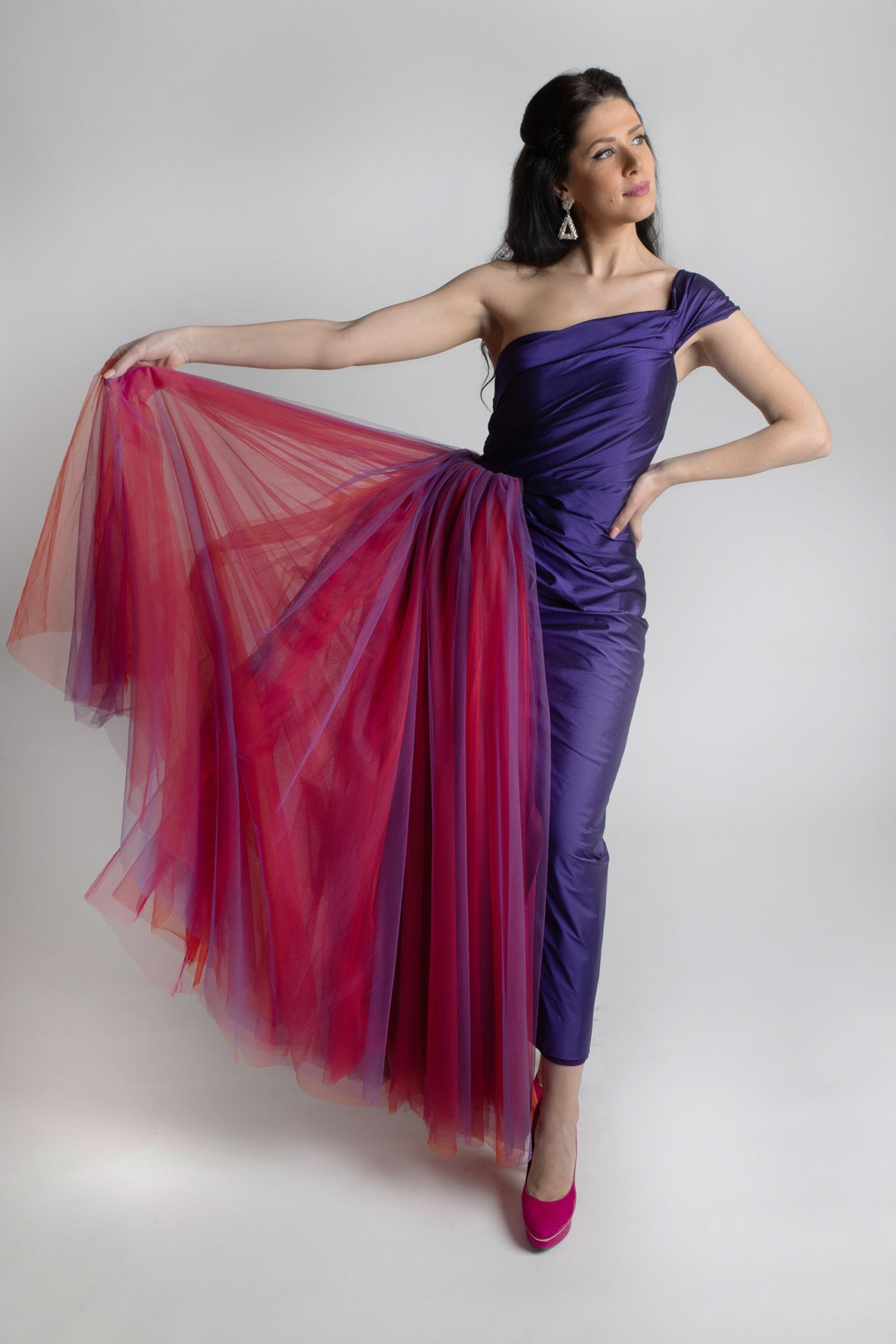 Crimson Veil One-Shoulder Gown