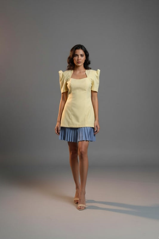 YELLOW/BLUE PLEATED DRESS